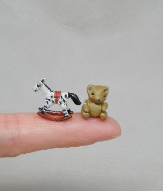 Vintage Teeny Tiny Toy Teddy Bear & Rocking Horse Dollhouse Miniature 1:12