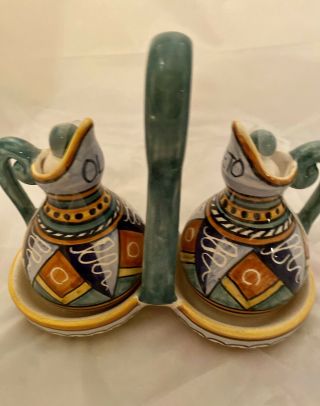 Deruta Pottery Ceramic Oil And Vinegar Set W Caddy Hand Painted Colofull Italy