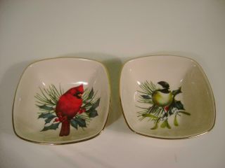 Lenox Winter Greetings Set Of 2 Square Dipping Bowls Birds Nuthatch & Cardinal