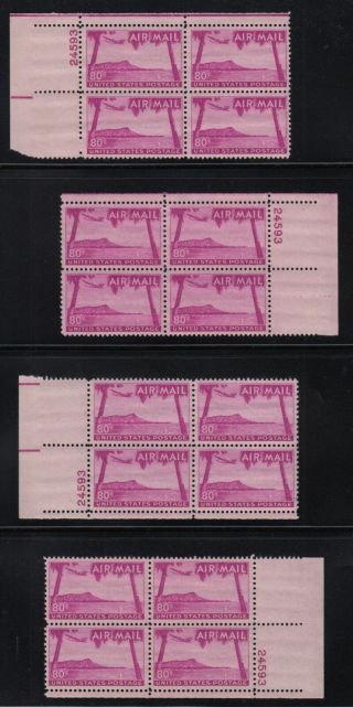 1952 Sc C46 80c Matched Plate Blocks Of 4 Mnh Durland Cv $100