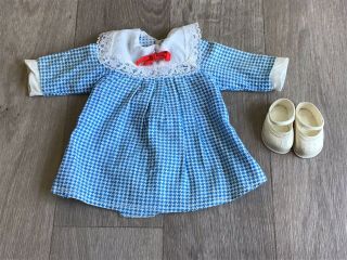 Vintage 70s Blue & White Checkered White Lace Collar Doll Dress And White Shoes