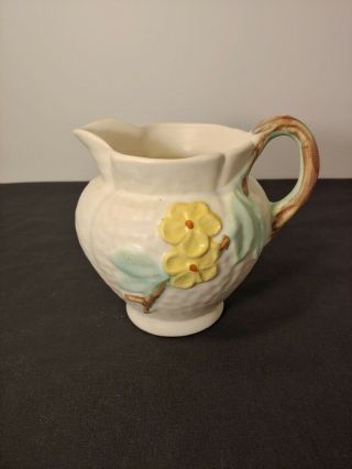 Vtg Weller Pottery Ivory White Pitcher With Hand Painted Flowers & Twig Handle