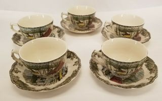 Set Of 5 Vintage Johnson Bros.  Friendly Village The Ice House Tea Cup And Saucer