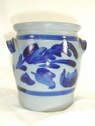 Vintage Salt Glazed Stoneware Crock Handled Jar,  Cobalt Blue Design 1 1/2 Quarts