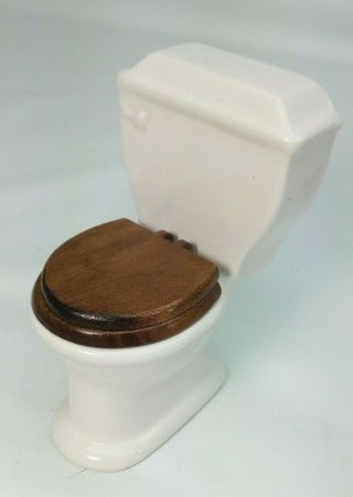 Vintage Dollhouse Furniture White Ceramic Toilet With Wooden Toilet Seat 1:12