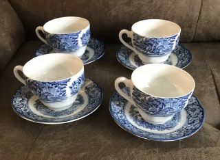 Paul Revere Tea Cup & Saucers Set Of 4 Liberty Blue Staffordshire England