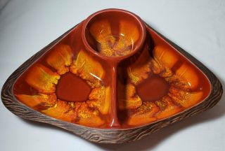 Calif Usa Pottery 663 Divided Chip Dip Orange Yellow Drip Glaze Retro
