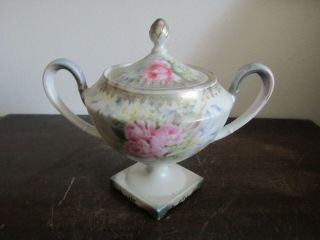 R S Prussia Germany Handpainted Porcelain Pedestal Sugar Bowl Pink Roses