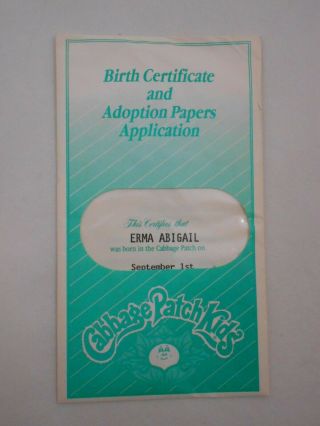 Cabbage Patch Birth Certificate Adoption Papers Erma Abigail
