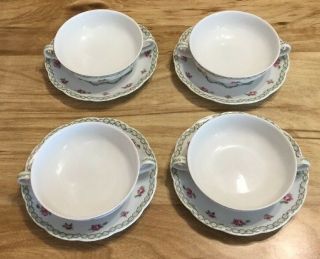 4 Haviland Limoges France French Garden Pattern Cream Soup Bowls With Under Tray