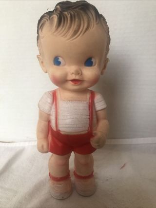 Adorable 8” Tall Sun Rubber Boy Doll With Red Suspender Shorts Squeeks