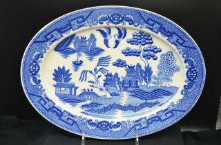 Vtg Blue/white Large Oval Serving Platter - Oriental,  2 Birds,  River,  Houses - Japan