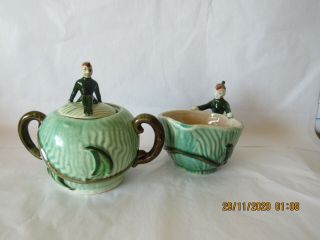 Vintage L Batlin And Son Elf Pixie Creamer And Sugar Japan Green Pottery Ceramic