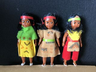 Three Vintage Native American Dolls,  Hard Plastic Sleep Eyes,  5”,  Hong Kong