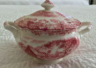Sugar Bowl With Lid Johnson Bros Mill Stream Pink Red