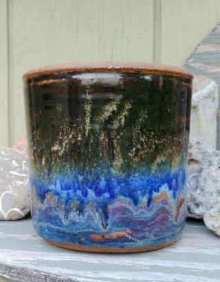 Vintage Art Pottery Planter Signed - Drip Glaze - Brown Blue - Signed Lewis