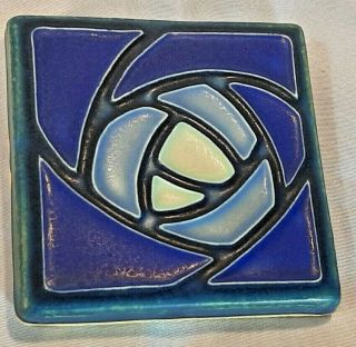 Motawi Tile " Dard Hunter " Rose Image In Blue.  From Motawi Tileworks Ann Arbor,  Mi