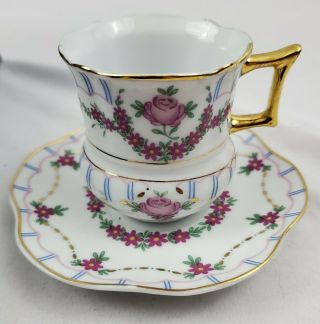 Fine Porcelain Demitasse Cups & Saucer Set (12pc) Floral Gold Tea Cups