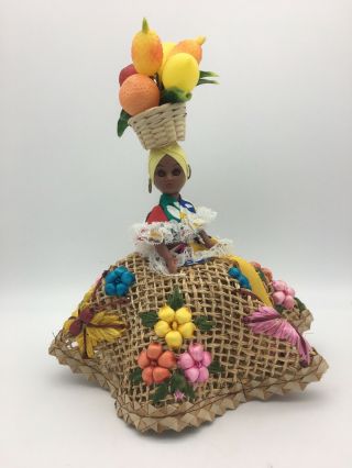 Vintage Souvenir Doll In Fruit Basket Hat Wicker Dress Bahamas Sleep Eyes 12”