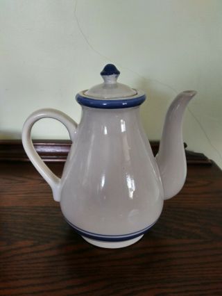 Vintage - Handcrafted Stoneware Coffee/tea Pot White With Blue Stripes
