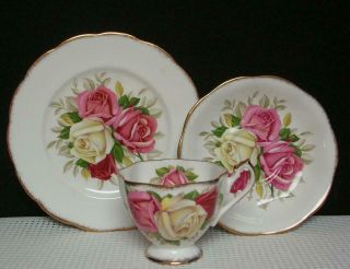 Lady Sylvia Trio Tea Cup Saucer 7¼ " Dessert Plate Queen Anne England Large Roses