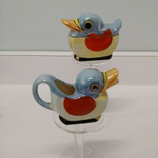 Vintage Art Deco Lusterware Bird Duck Creamer Sugar Set Japan Hand Painted