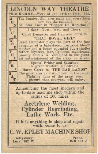 MADGE BELLAMY LINCOLN WAY THEATRE PROGRAM 1926 GETTYSBURG PA EPLEY MACHINE SHOP 2