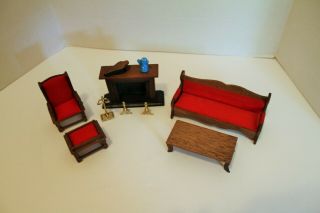 Vintage Doll House Furniture Fireplace Couch Chair Ottoman Coffee Table More