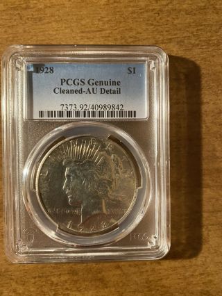 1928 Peace Dollar,  Pcgs Graded Cleaned,  Au Detail