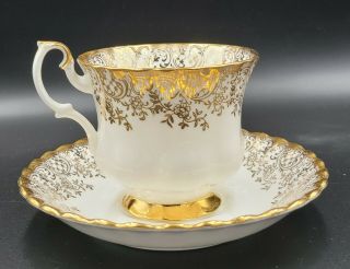 Royal Albert Vintage Tea Cup And Saucer White With Gold Vines And Flowers