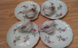 Vintage Moss Rose Japan Sandwich Plates & Tea Cups Set Of 4