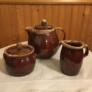Vintage Hull Brown Drip Tea Or Coffee Pot With Creamer And Covered Sugar Bowl