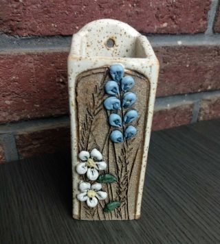 Studio Art Pottery Wall Pocket Vase Signed Blue White Flowers Square Hyacinth