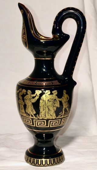 Greek Grecian Urn Vase Pitcher Black Porcelain W/24k Gold Handmade In Greece