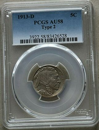 1913 D Us Type 2 Indian Head Buffalo Nickel 5 Cents Pcgs Au58