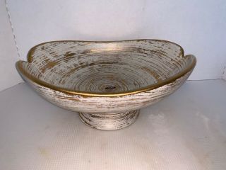 Vintage Royal Haeger Pedestal Bowl 22k Trim Gold Tweed Glaze Usa 12”
