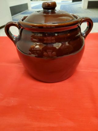 Vintage Dark Brown Stoneware Crock Bean Pot W/lid - 2 Loop Handles - Marked Usa