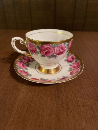 Vintage Tuscan English Bone China Bright Pink Roses Gold Gilt Tea Cup & Saucer