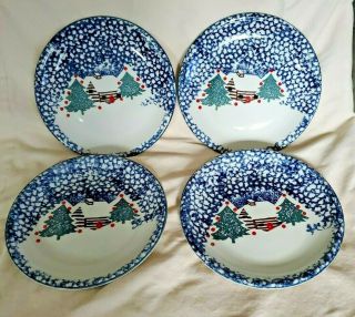 4 Blue Sponge Folk Craft Tienshan Christmas Cabin In The Snow Dinner Plates