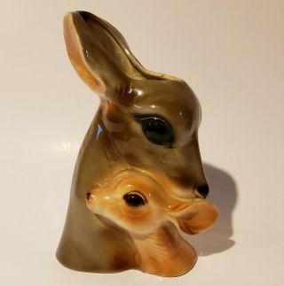 Vintage Royal Copley Deer And Fawn Glossy Ceramic Vase Planter 9.  25 " Brown Tan