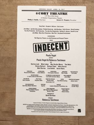 Indecent Broadway Opening Night Playbill Insert (only) Paula Vogel Katrina Lenk