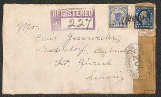 Usa 504 & F1 Stamps Jersey To Switzerland Ww1 Registered Cover 1915