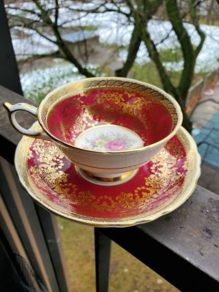 Gorgeous Paragon Teacup & Saucer Raspberry Gold Scrollwork Cabbage Rose Garden