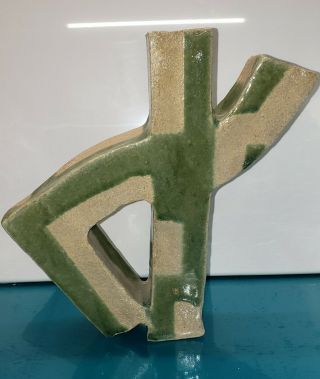 Biomorphic Cubist Brutalist Art Studio Pottery Vase 3 Orifices Matte Green Mcm?
