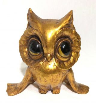 Vintage Anthony Freeman Mcfarlin Owl Gold Leaf Ceramic Big Eyes Signed Tiny Flaw