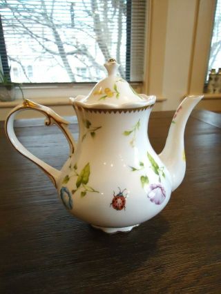 I.  Godinger & Co.  PRIMAVERA Porcelain Teapot Flowers Butterfly Bees & Lady Bugs 3