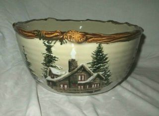 St.  Nicholas Square Snow Valley Log Cabin 10 1/2 " Large Round Serving Bowl