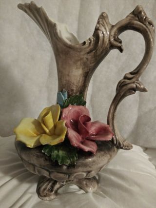 Capodimonte Italian Porcelain Vase Pitcher 11” H Italian Floral Roses Vintage