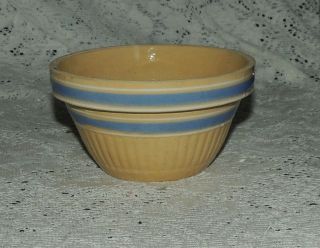 Antique Usa Pottery Large 5.  5 " Yellow Ware Bowl Blue White Stripes Farmhouse