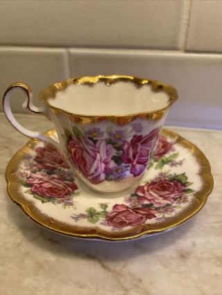 Adderley Fine Bone China Teacup And Saucer Cabbage Rose And Gold